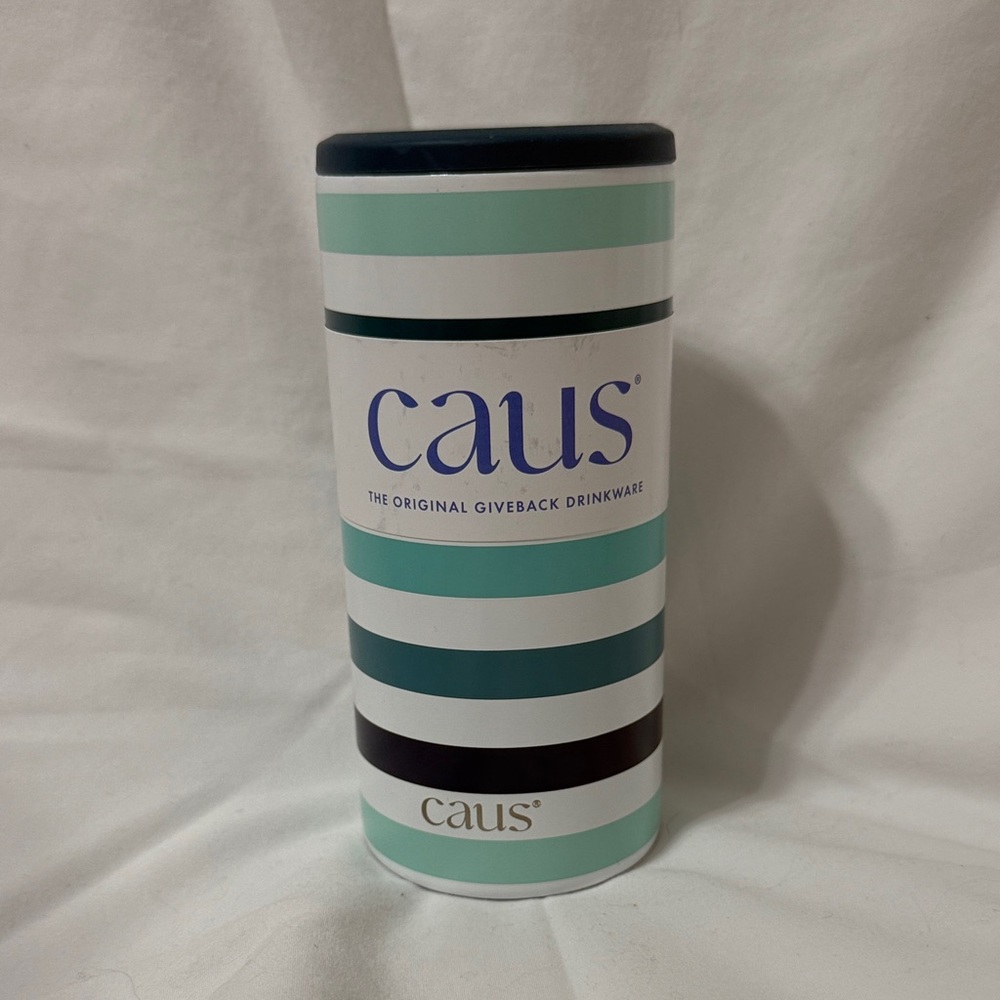 NWT Caus Blue Striped Stainless Steel Drink Tumbler or Can Cooler